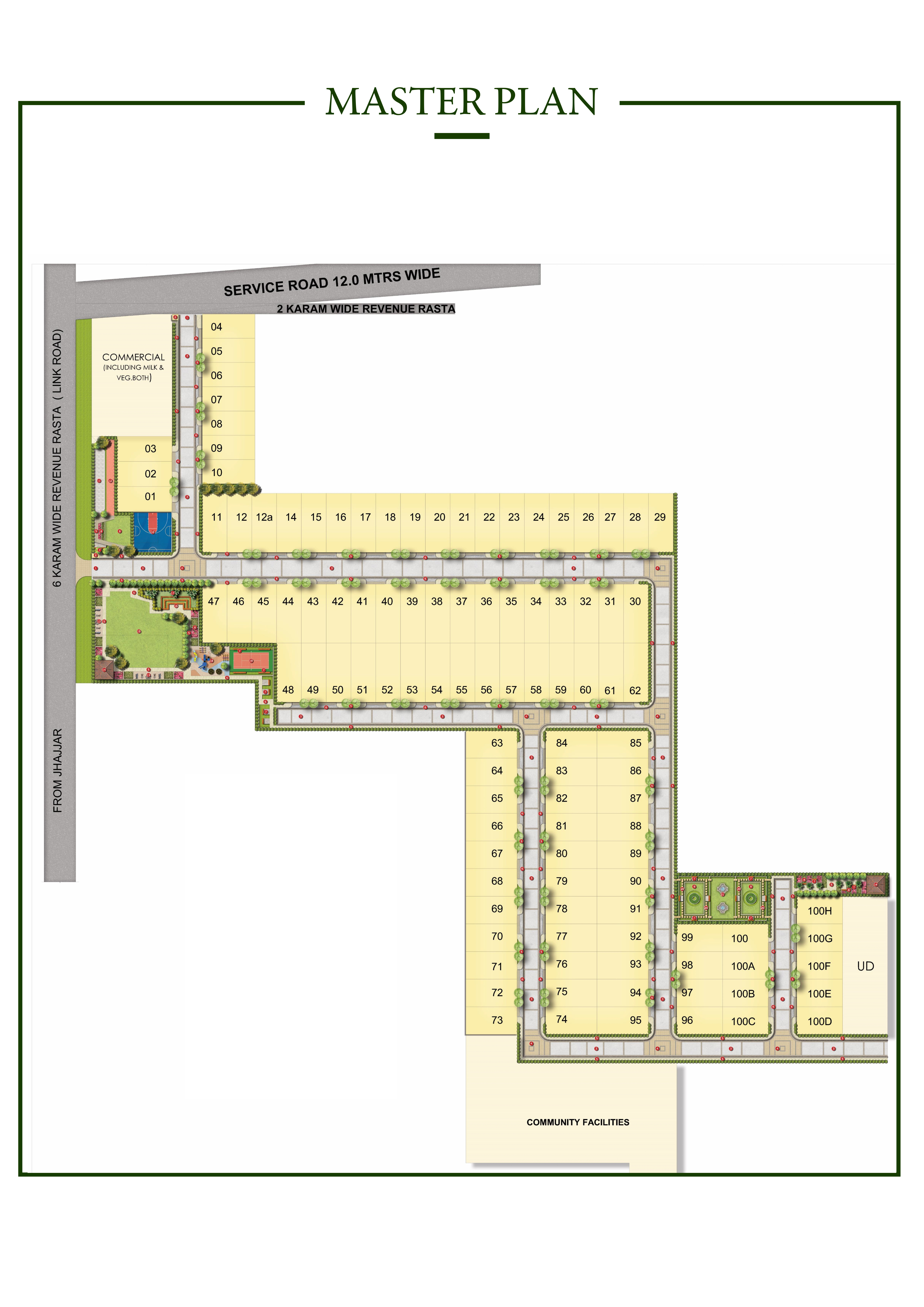 Glenwood plotted layout showing numbered plots, roads and community facilities