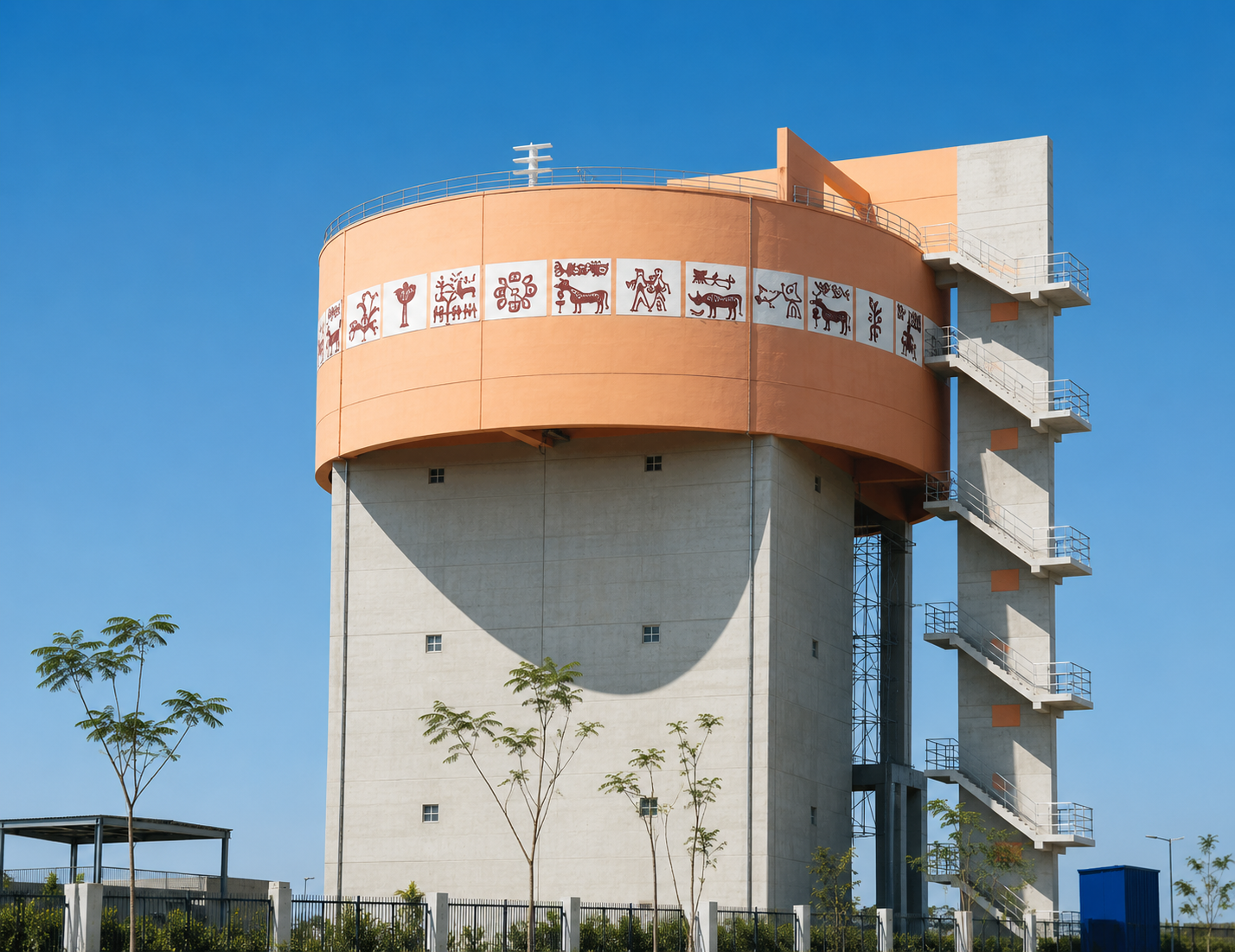 Elevated water storage tank at Dholera SIR with Lothal Harappan symbols