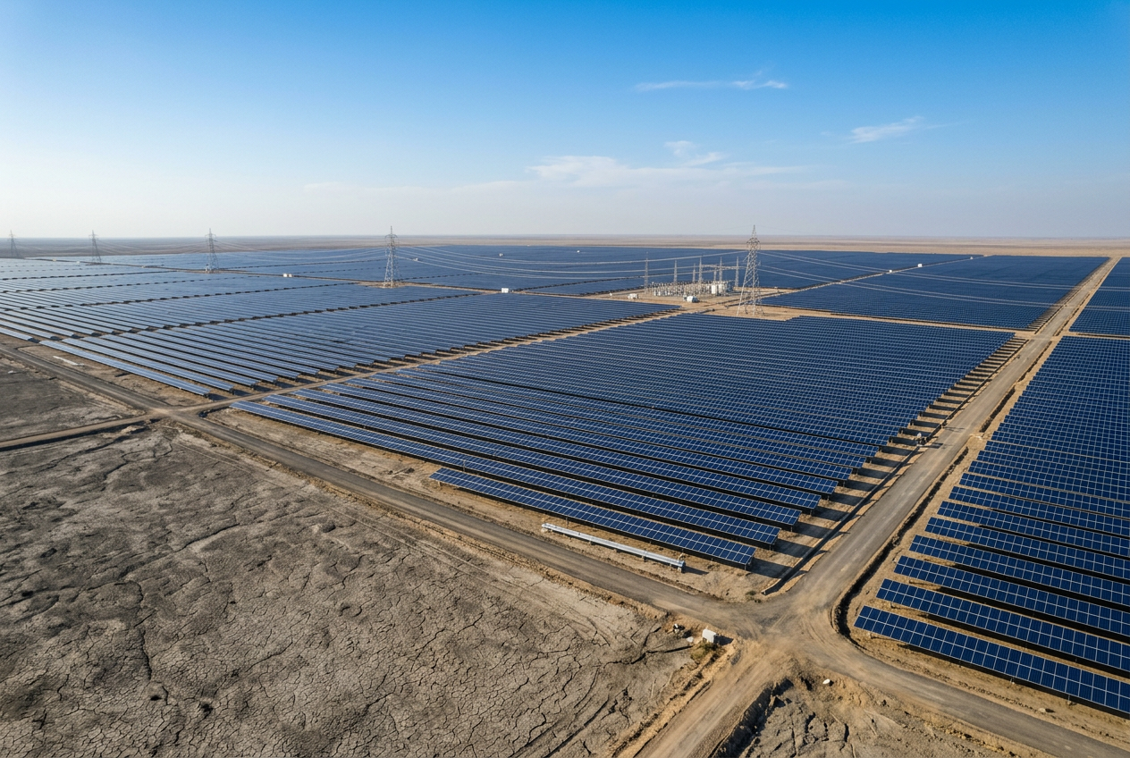 5000 MW Dholera Ultra Mega Solar Park aerial view across flat terrain