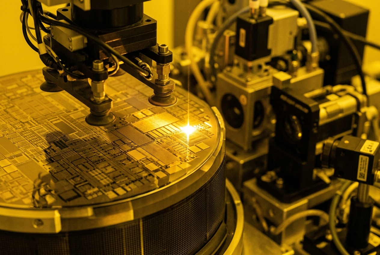 Silicon wafer closeup with chip die patterns being processed