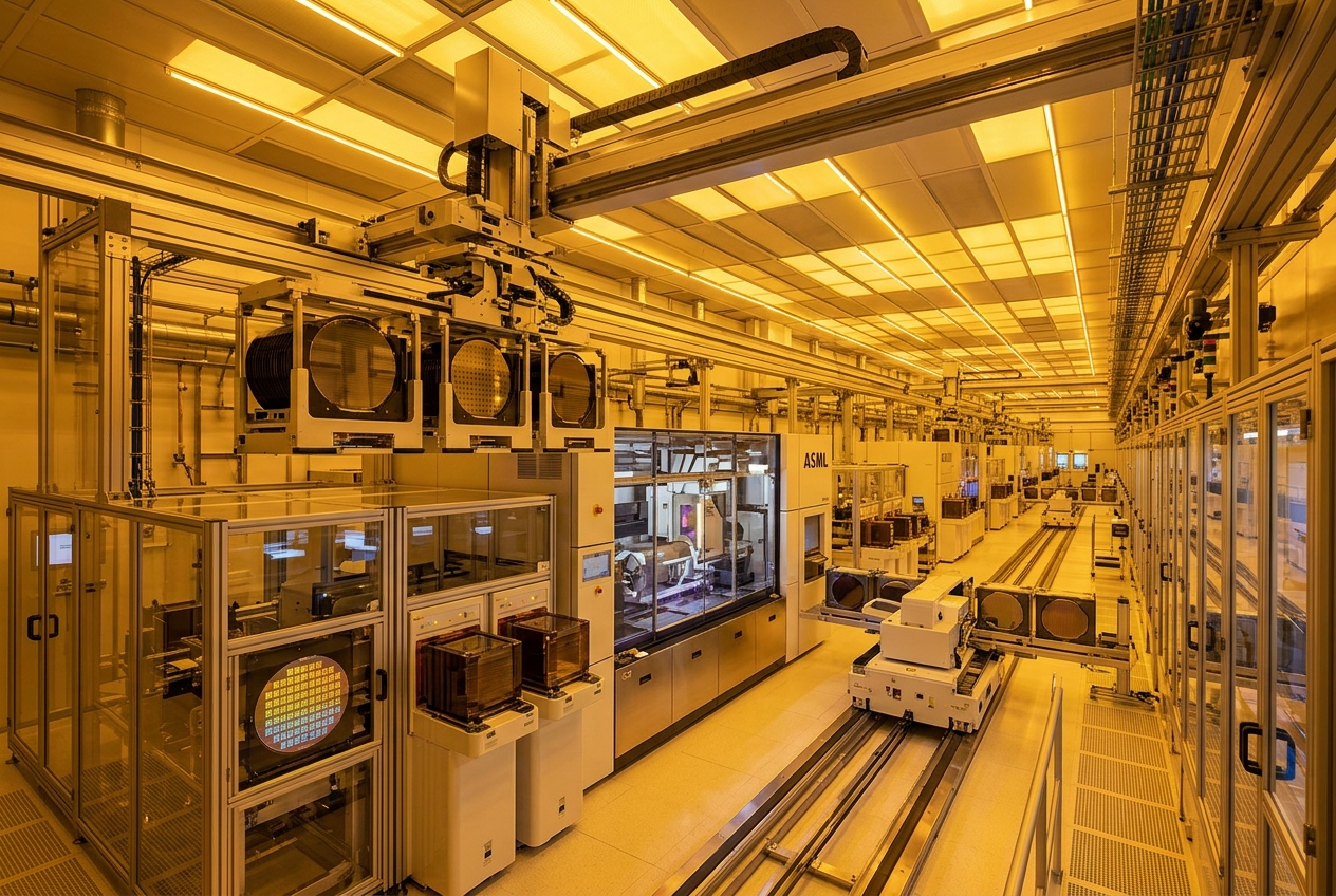 300mm semiconductor fab interior with ASML DUV machines and robotic wafer handling